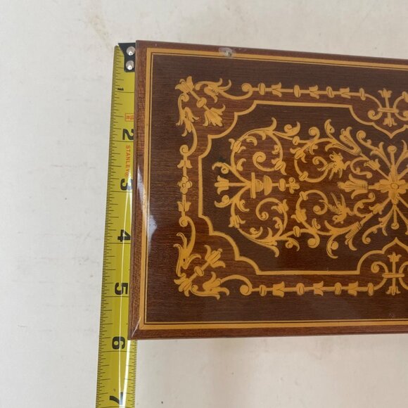 Vintage Wooden Inlaid Music Jewelry Box Ornate Floral Design Red Velvet MCM - Picture 11 of 12